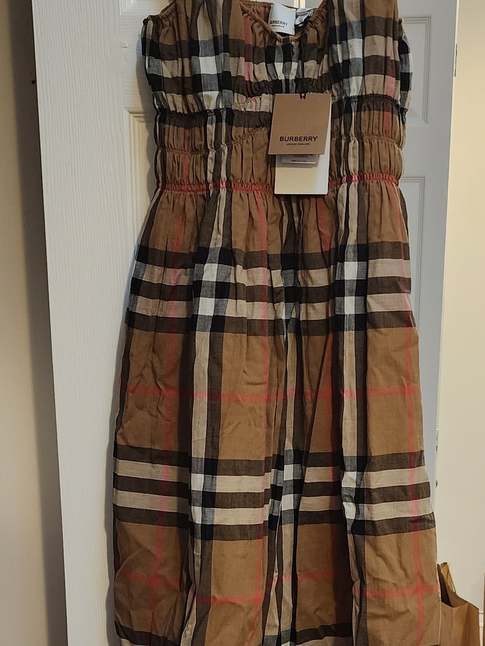 Burberry Check Drawstring Dress in Beige, Black and Cream